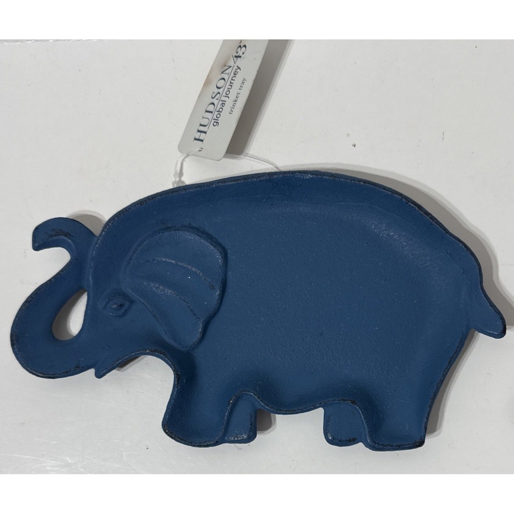 Painted Cast Iron Elephant Trinket Tray Hudson 43 Global Journey Blue 4.25" x 8"